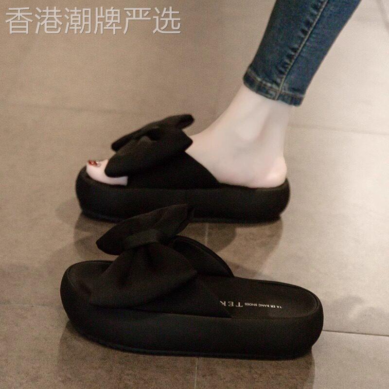 香港真皮厚底黑色凉拖鞋女夏外穿2025新款蝴蝶结松糕增高沙滩凉鞋