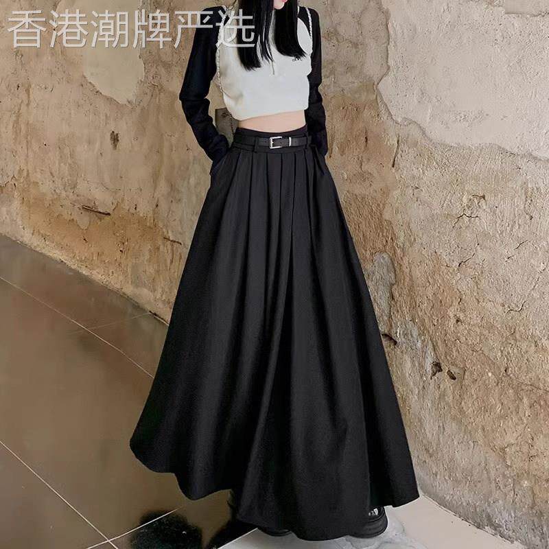 黑色百褶裙西装半身裙女秋季2026新款a字高腰褶皱大摆伞裙长裙子