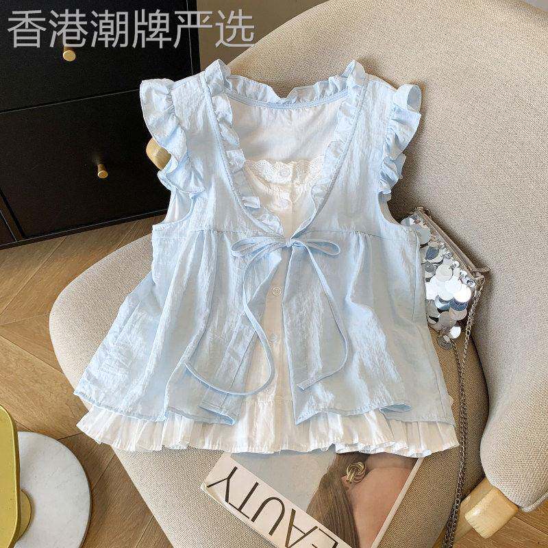蓝色格子假两件衬衫女夏季薄款气质减龄木耳边系带漂亮娃娃衫上衣