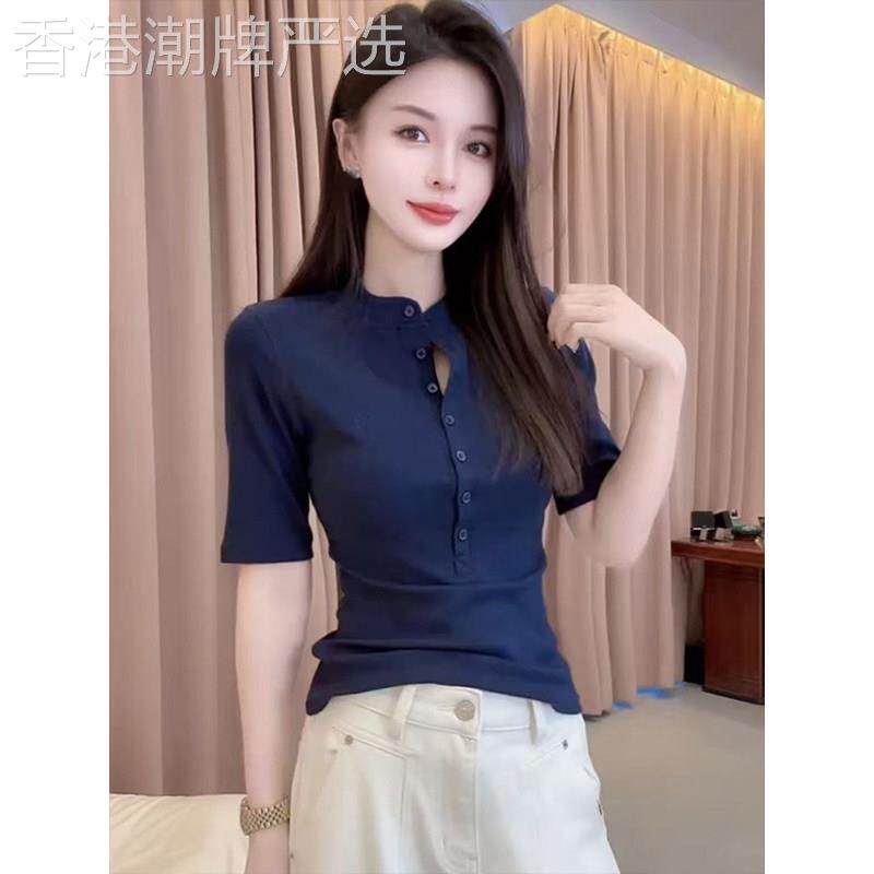 正肩短袖t恤女夏季薄款2026新款修身设计感小个子五分袖体恤上衣