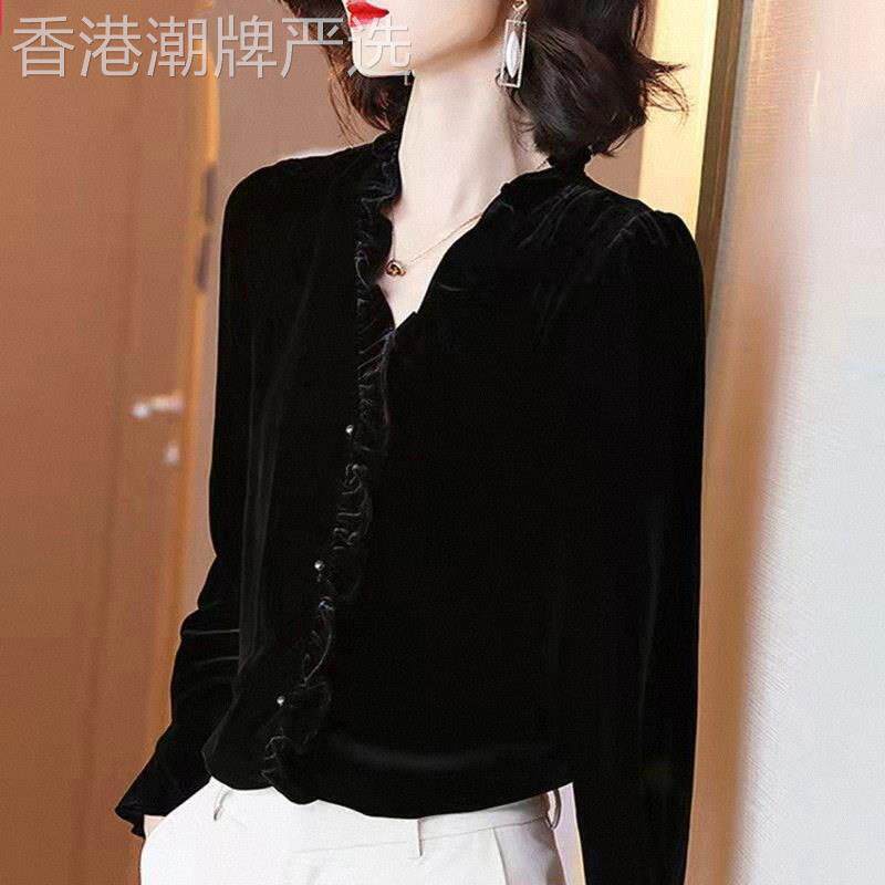 黑色V领长袖金丝绒衬衫女秋冬欧货时尚木耳边宽松显瘦小香风上衣