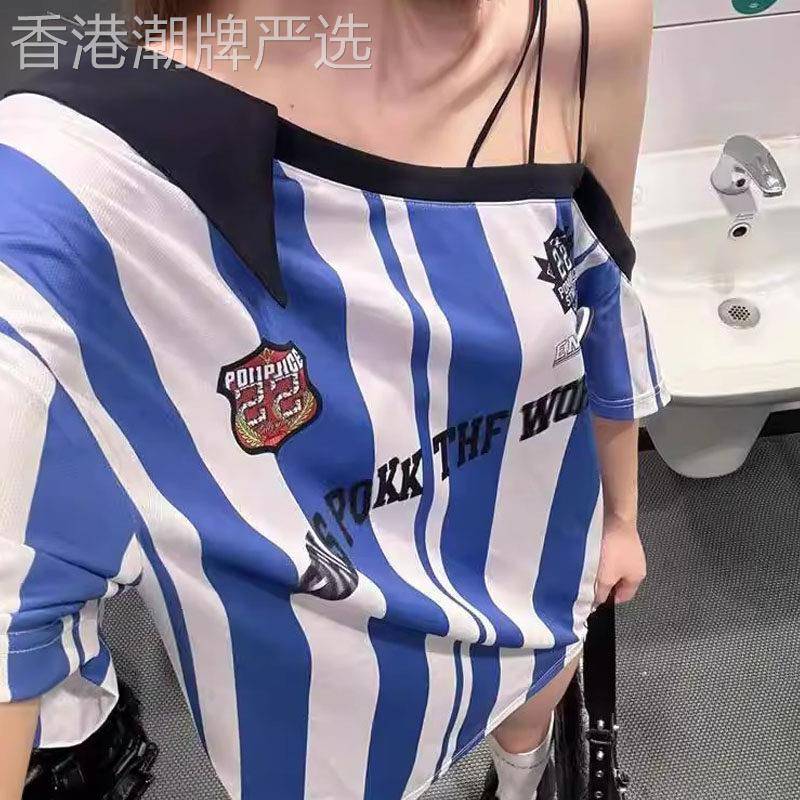 复古宽松条纹运动球衣T恤女士夏季欧货新款性感显瘦露肩短袖上衣