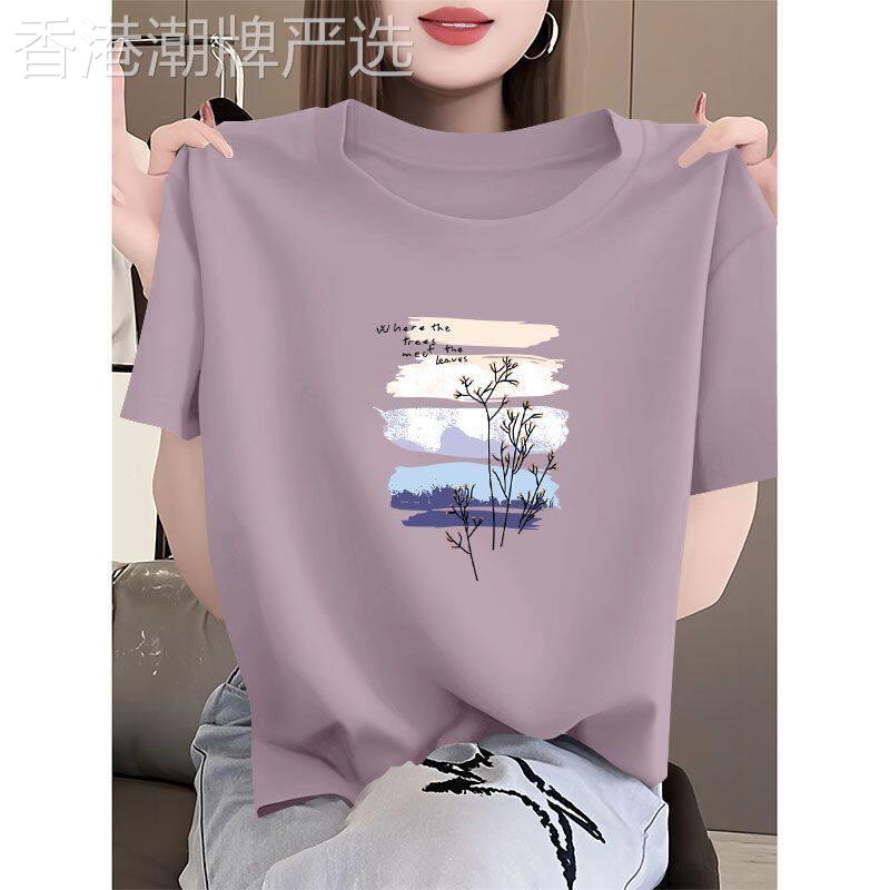 夏季2026新款纯棉短袖印花T恤女士韩版洋派百搭休闲圆领薄款上衣图片