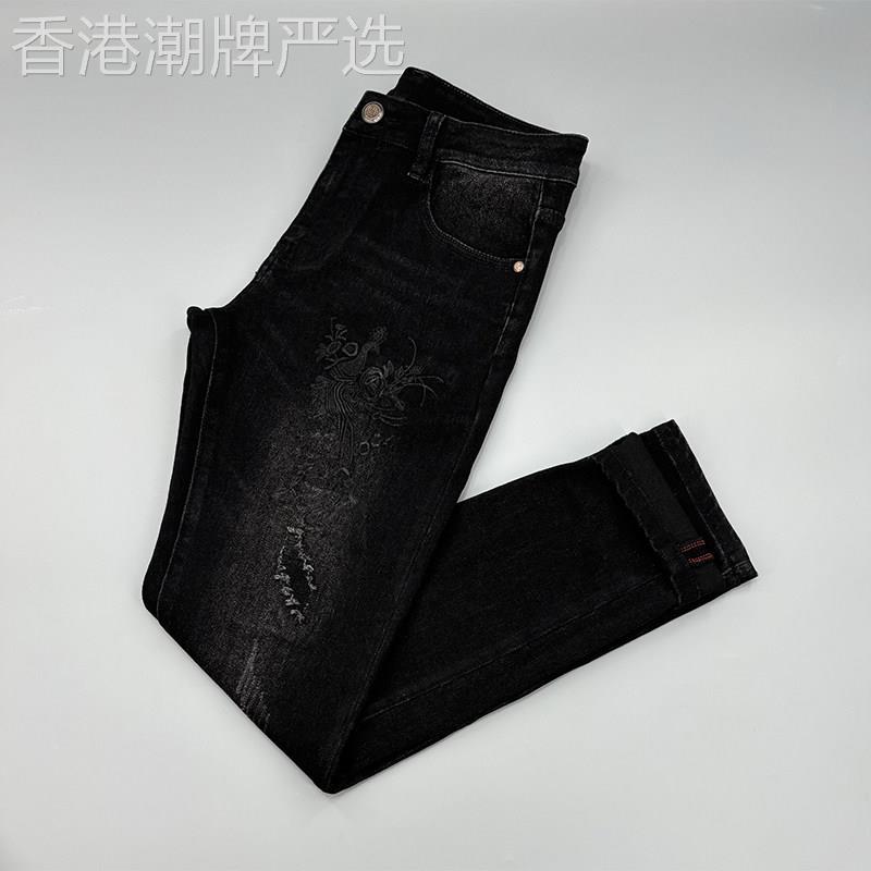 高端刺绣黑色牛仔裤男潮牌百搭弹力修身小脚破洞裤刮烂补丁长裤子