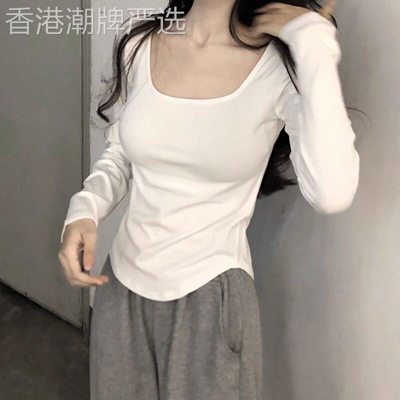 日系白色修身气质方领打底衫女2025春秋新款爆款内搭低领长袖T恤