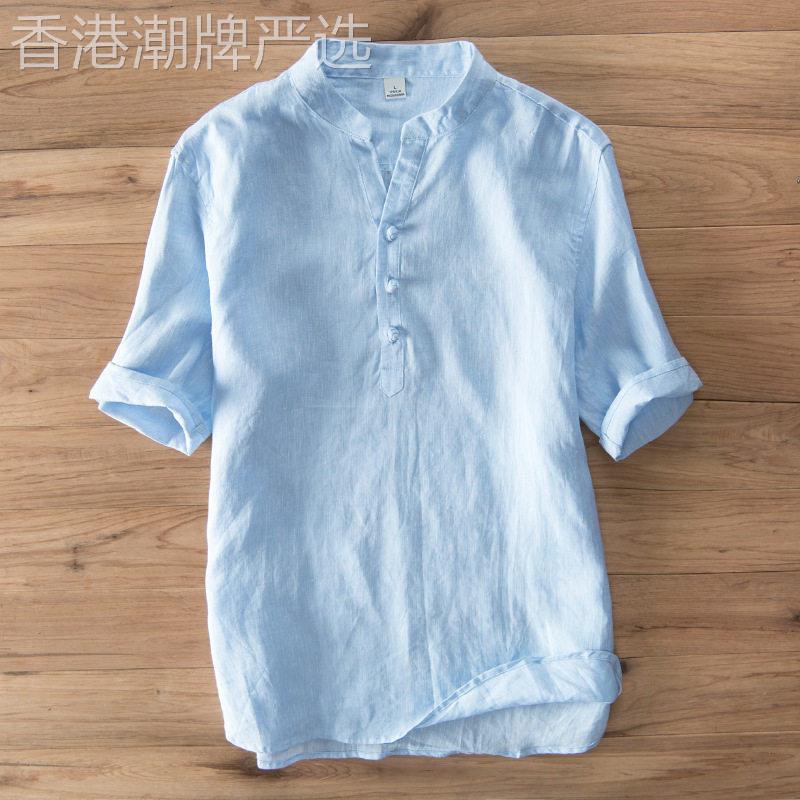 港风夏季亚麻短袖衬衫男宽松薄款棉麻衬衣男中国风盘扣上衣T恤衫