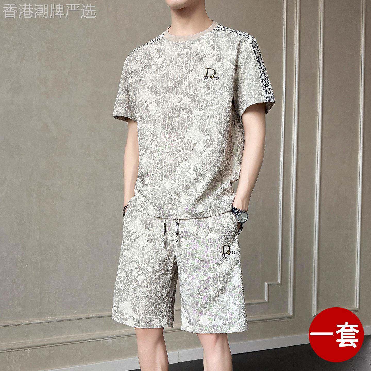 冰丝休闲套装男夏季2026新款潮牌痞帅提花刺绣短袖t恤短裤两件套