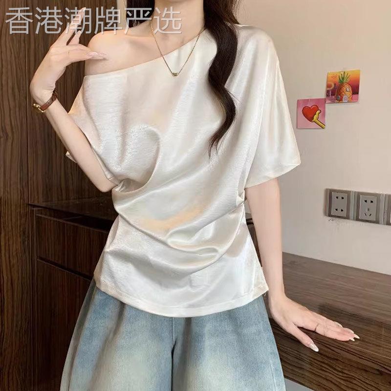 高级感醋酸缎面斜肩短袖衬衫女夏季2026欧货大尺码胖mm收腰显瘦上