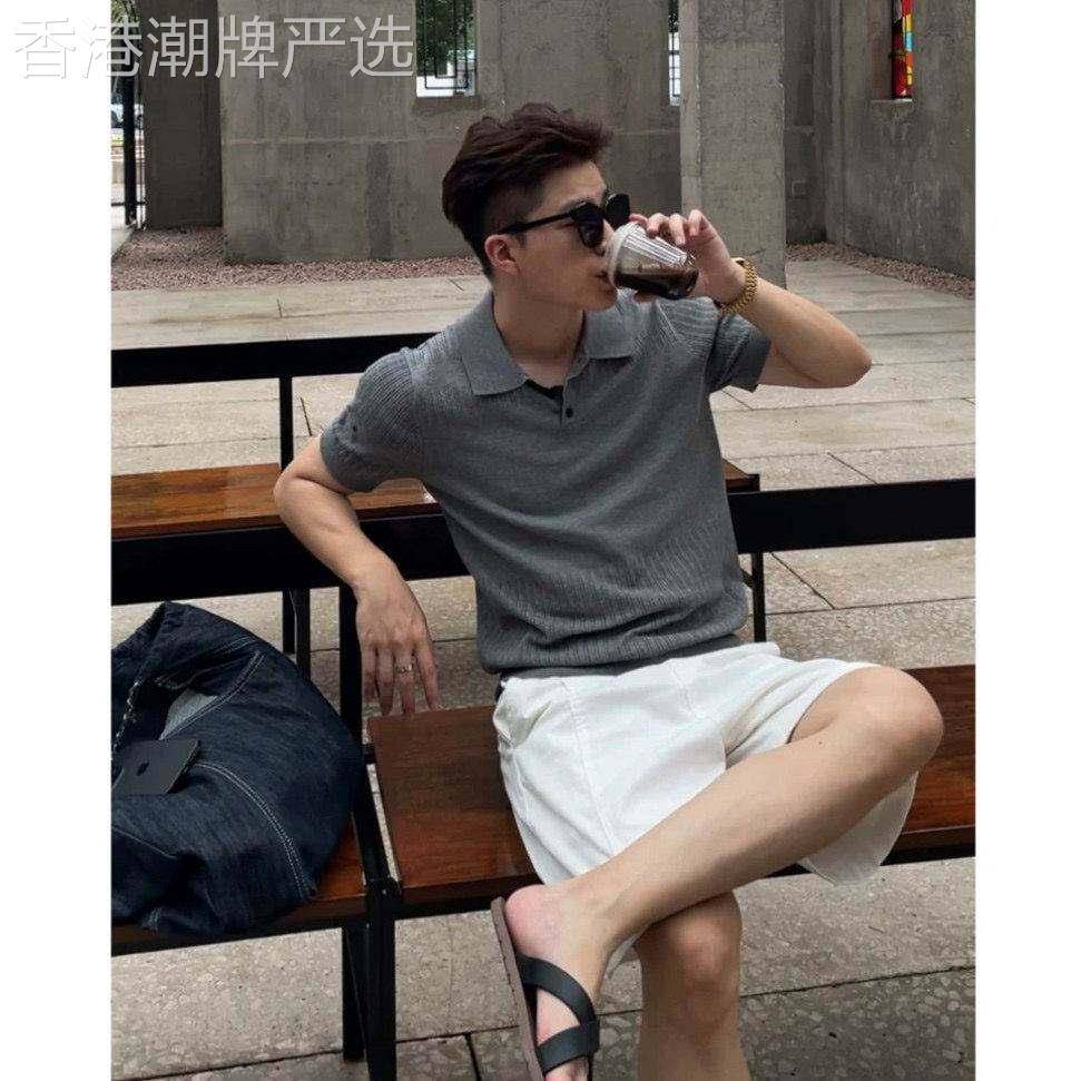 冰丝针织短袖Polo衫男士夏季薄款潮牌修身翻领上衣百搭休闲半截袖