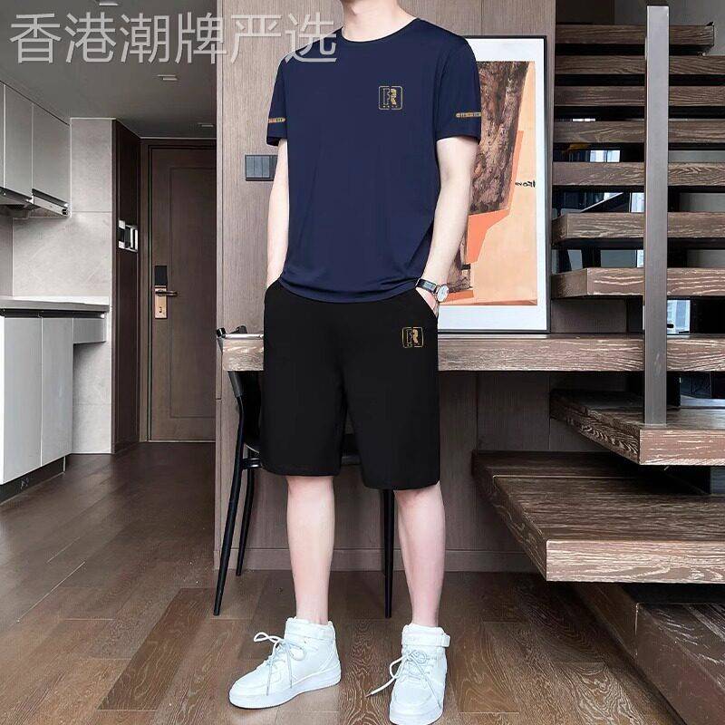 高端冰丝休闲运动套装男夏季新款圆领大尺码短袖T恤五分裤男士一