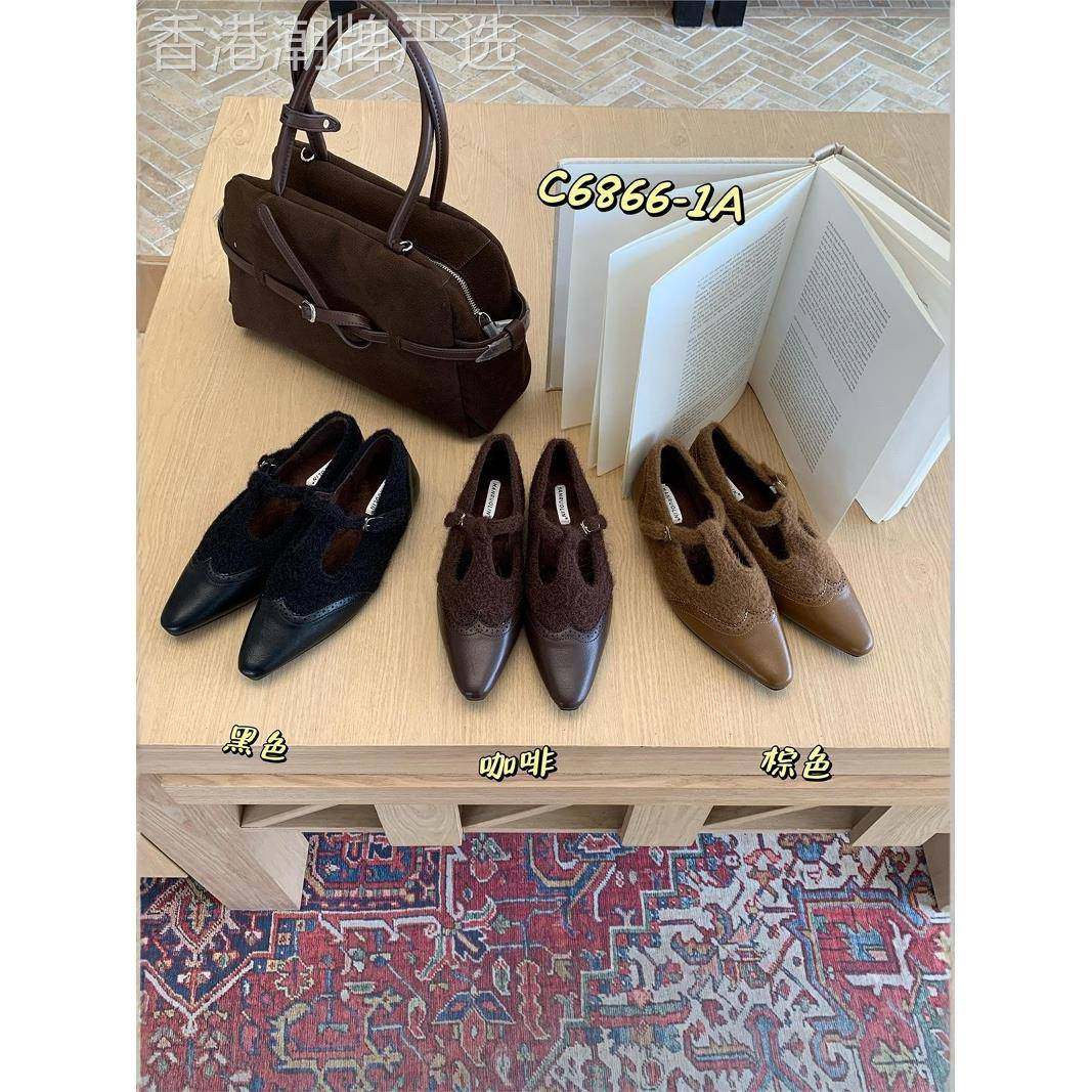 潮牌加绒保暖2025秋冬新款时尚百搭尖头T字带平底跟浅口单鞋女鞋