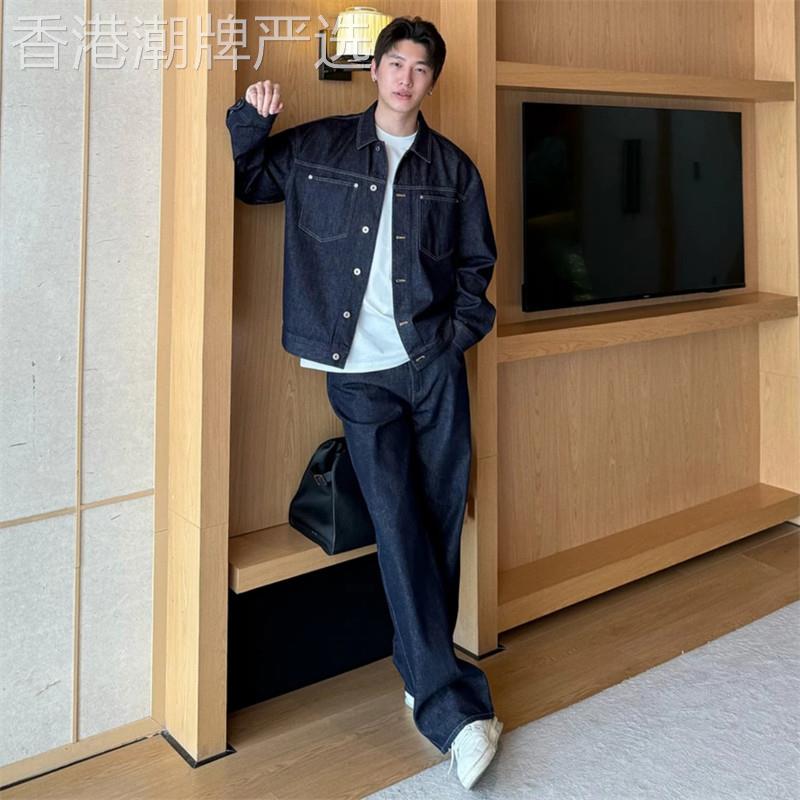 潮牌翻领牛仔长袖外套套装男士春秋季2026新款痞帅牛仔长裤两件套