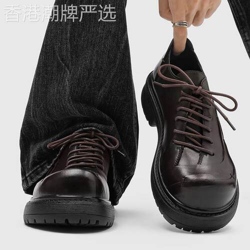 潮牌复古斜系带设计棕色厚底德比皮鞋男女同款大头通勤休闲皮鞋潮