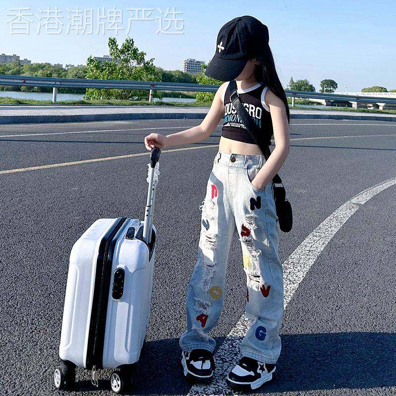 法国Fad Sincgo女童字母破洞牛仔裤高腰显瘦直筒刺绣宽松牛仔长裤