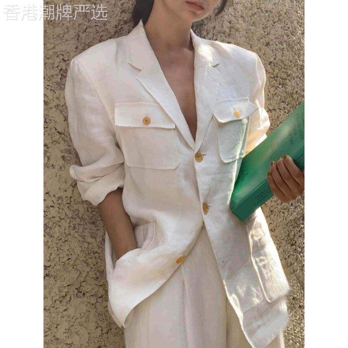 香港韩版2026春夏女士苧麻外套简约风白色休闲修身薄款防晒小西装