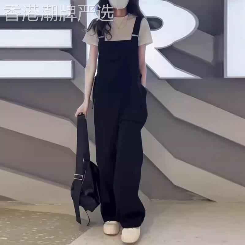 黑色工装牛仔抱婴袋裤女2026夏季新款复古宽松减龄阔腿拖地连身裤
