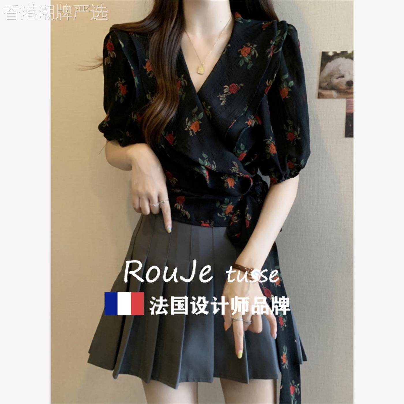 Rouje tusse夏季女装覆古碎花荷叶边V领绑带衬衫胖MM遮肉显瘦短袖