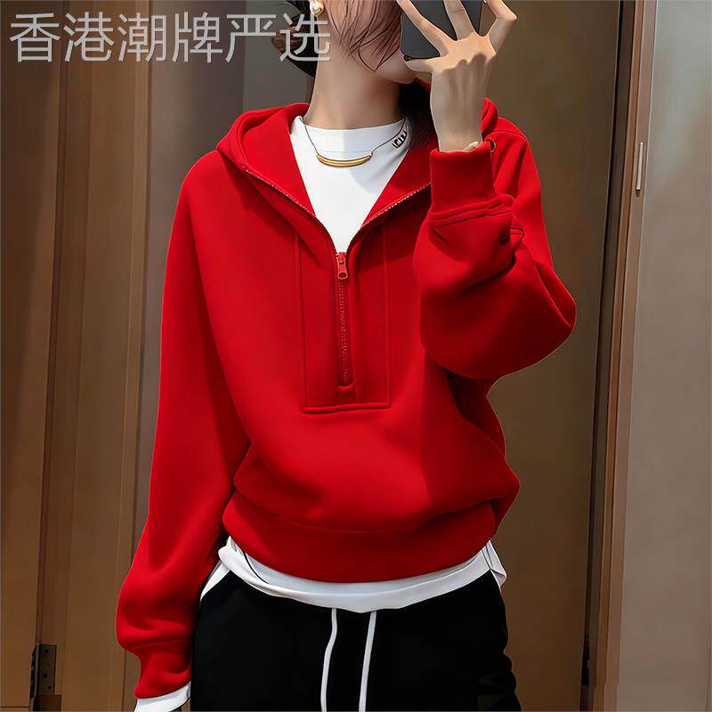 红色新年连帽卫衣女装2026春新款今年流行爆款洋气显瘦加厚上衣