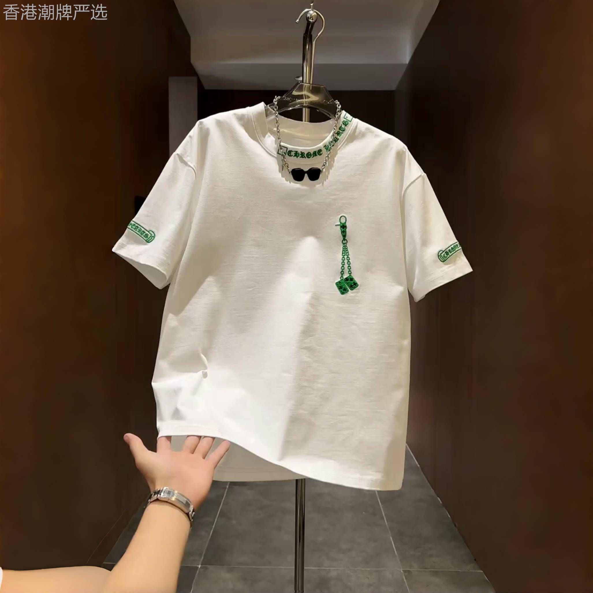 2025夏季新款梵文字母刺绣短袖男士T恤潮流时尚休闲百搭圆领上衣