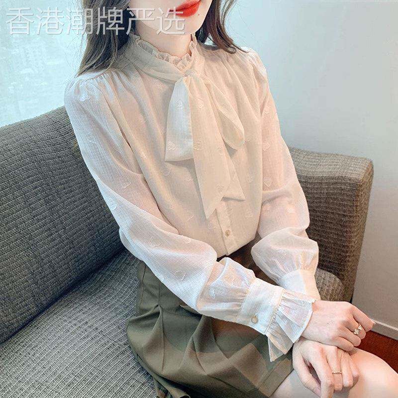 雪纺衬衫女长袖秋冬季加绒2025新款时尚洋气设计感蝴蝶结衬衣上衣