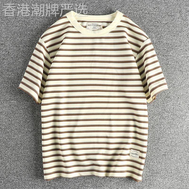 代购香港潮牌夏季美式凉感舒适半袖条纹面料咔叽复古短袖T恤
