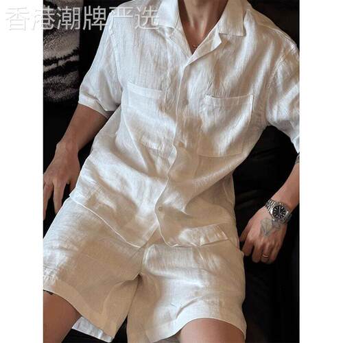 GP极简~老钱风亚麻套装男2026夏季轻熟风穿搭衬衫短裤帅气两件套