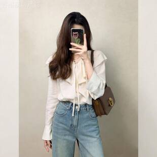 小个子白色荷叶领系带雪纺衬衫女款春装2026年新款轻奢高级感上衣