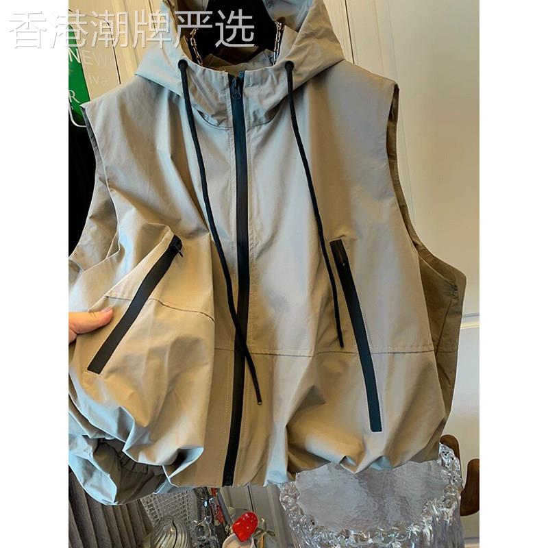 欧货连帽薄冲锋衣马甲背心女春秋新款宽松百搭休闲马夹坎肩外套潮
