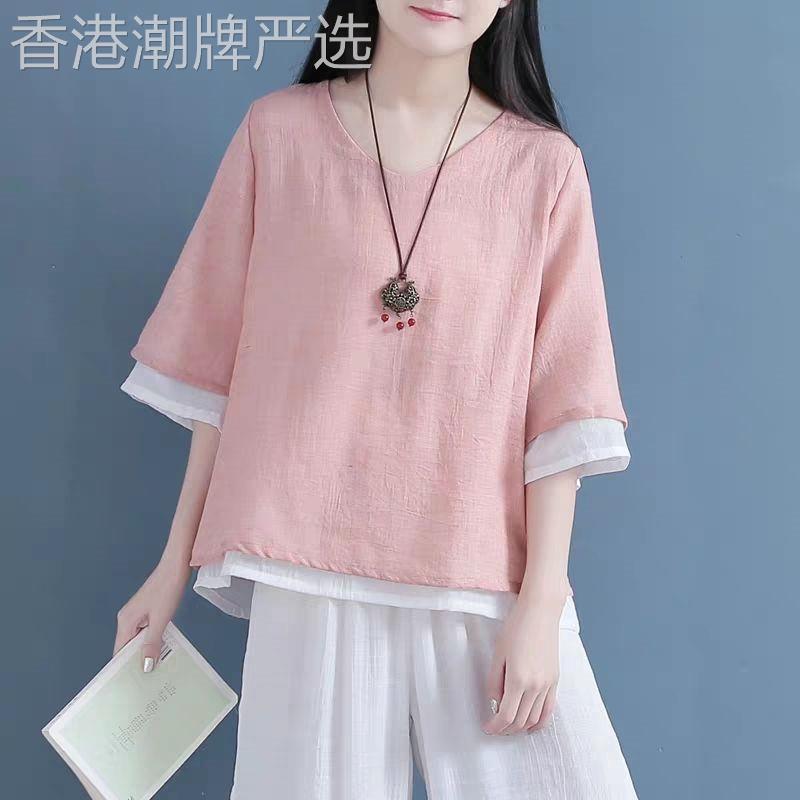 国风文艺棉麻T恤女双层假两件盘扣中式上衣夏季禅意茶服改良衬衫