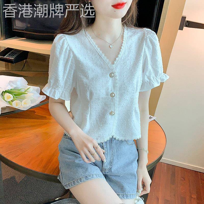 法式v领短袖雪纺衬衫女夏季2026新款设计感小众时尚减龄短款上衣