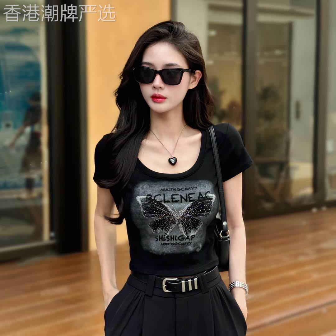 烫钻蝴蝶印花短袖T恤女夏欧货u领修身露脐短款高腰露锁骨辣妹上衣