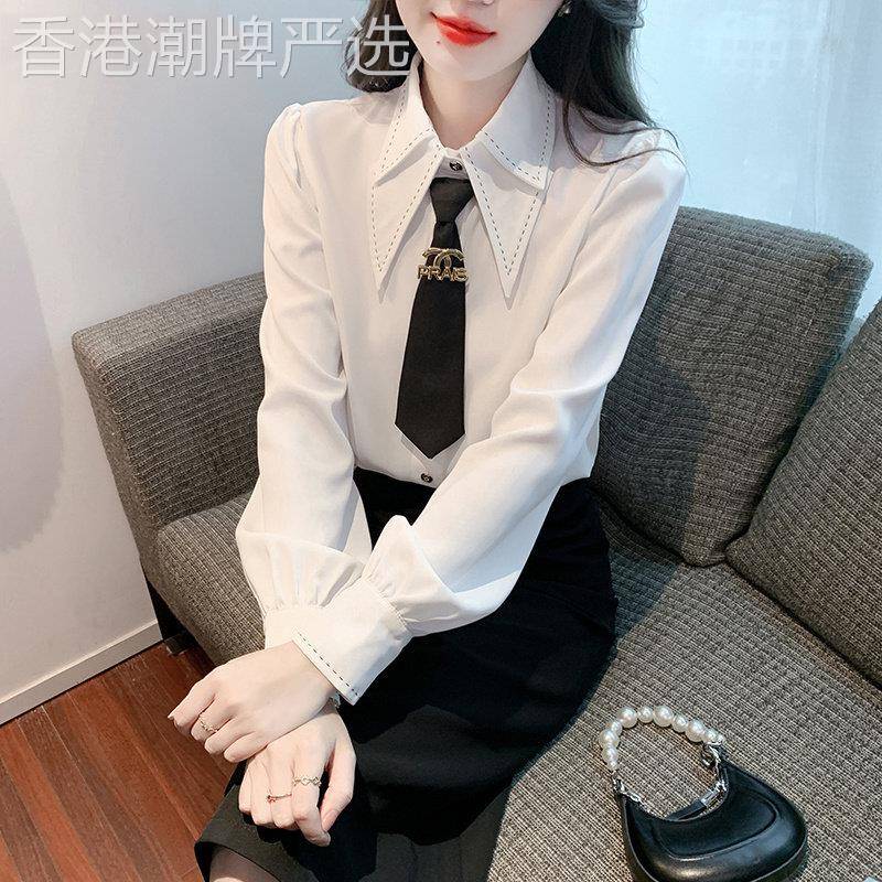 日系女装白色领带衬衫2025年春秋新款衬衣设计感小众气质通勤上衣