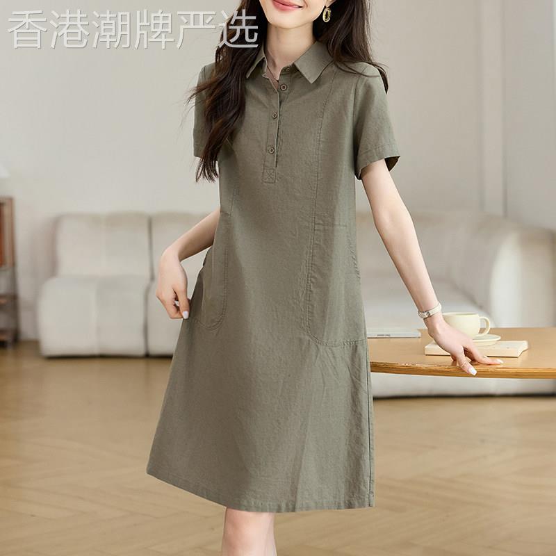 潮牌短袖棉麻连衣裙女夏季新款中年妈妈中长款时尚显瘦a字衬衫裙