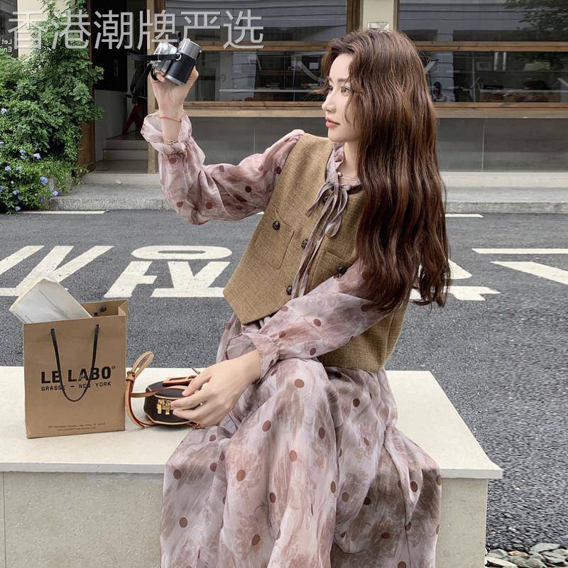 日系小香风马甲长袖连衣裙套装女2026春超好看减龄印花长裙两件套