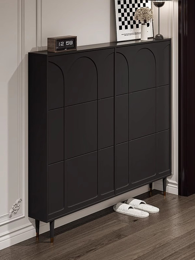新款入户超薄翻斗鞋柜家用室内小窄门口外楼道黑色实木玄关柜一体