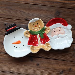 姜饼人陶瓷圣诞装饰盘子圣诞老人雪人分割盘节日礼品摆件
