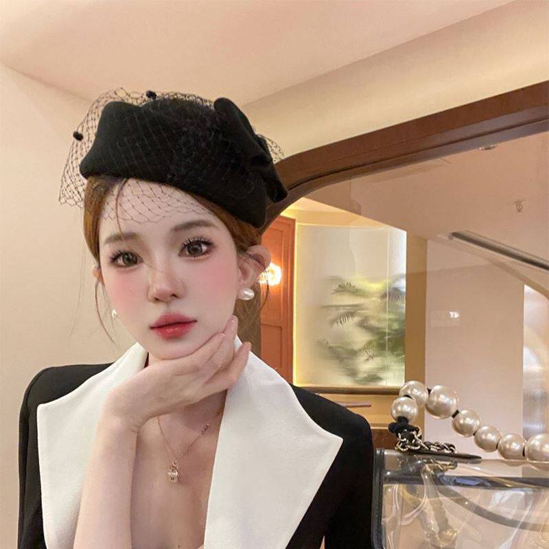 法式网纱帽女士冬天高端洋气呢子帽子秋冬英伦复古蕾丝礼帽气质风