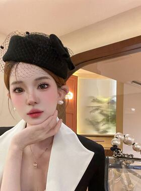 法式网纱帽女士冬天高端洋气呢子帽子秋冬英伦复古蕾丝礼帽气质风