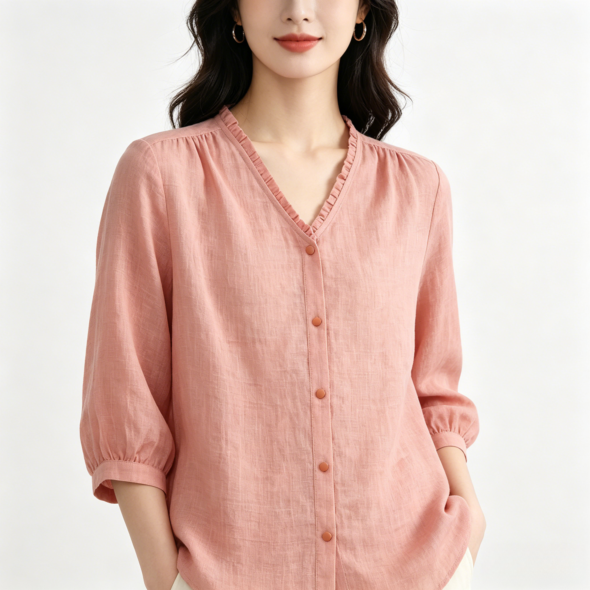 【100%纯苎麻】夏季复古文艺风V领七分袖宽松百搭女衬衫