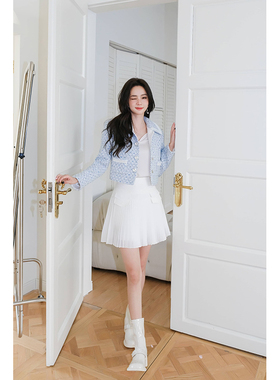 【品牌正品】MaisonWester女气质温柔少女淡蓝色钻扣小香风外套