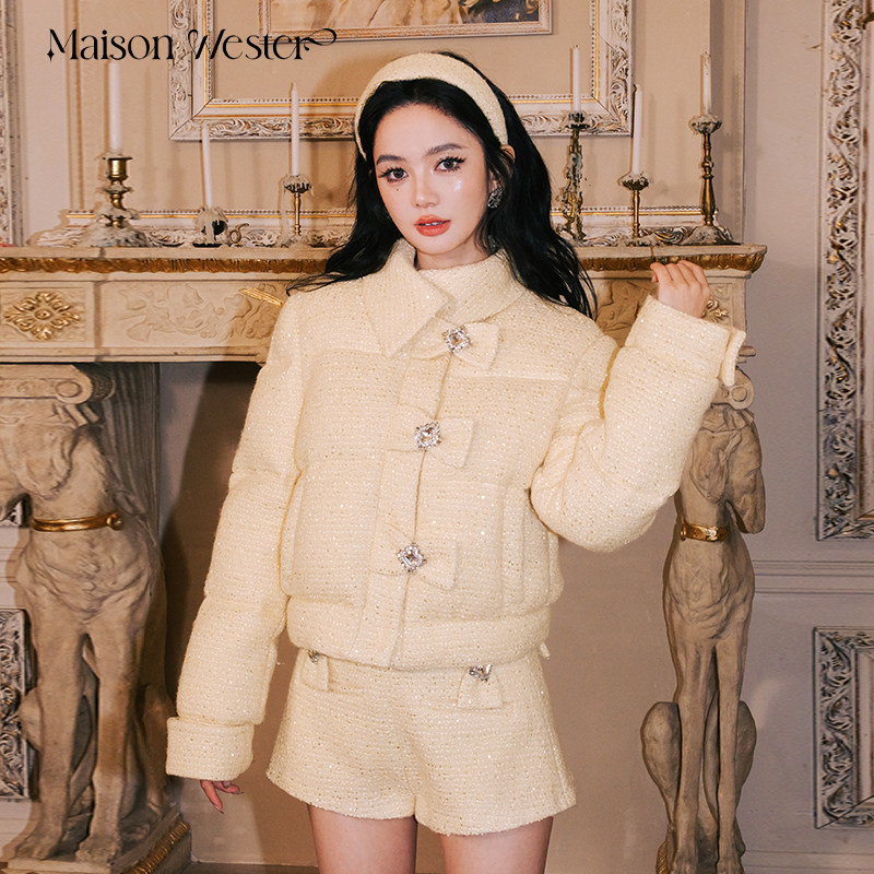 【品牌直发正品】MaisonWester鹅黄色小香钻扣羽绒服短裤套装