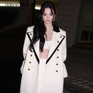【品牌正品】MaisonWester米白拼黑丝绒领长款金扣大衣外套风衣