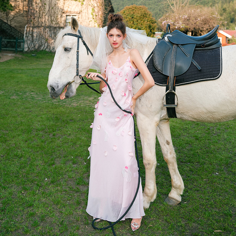 【品牌正品】MaisonWester度假风重工粉色手工订花吊带长裙连衣裙