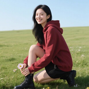 上衣女 HEDGE酒红色银狐绒连帽宽松即墨卫衣女春秋艺术生奶乖帽衫