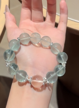 天然绿萤石白水晶水晶手链15mm女款时尚百搭饰品礼物送女友闺蜜