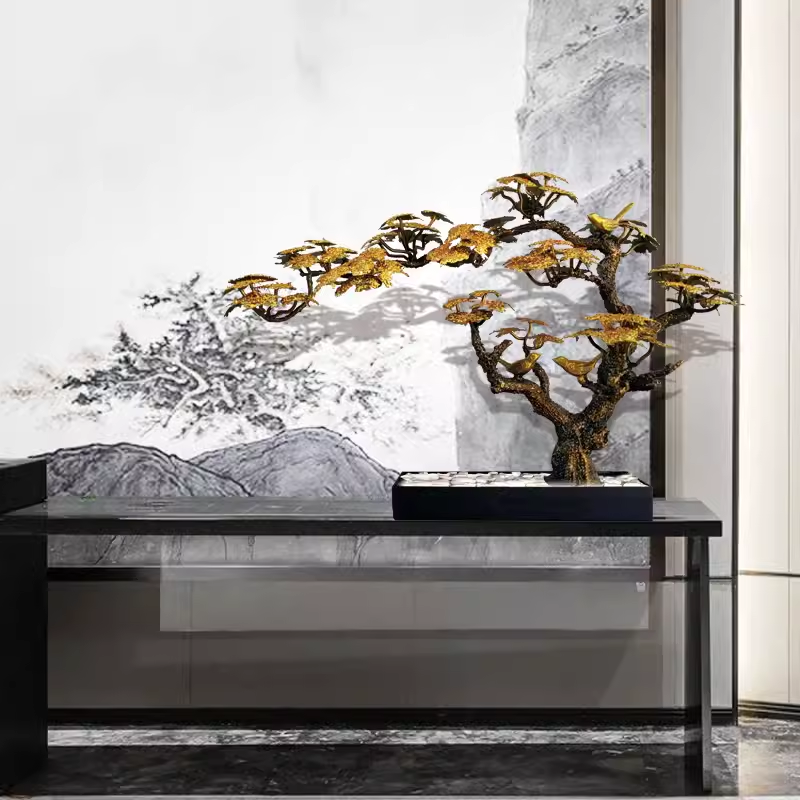 新中式铁艺迎客松创意摆件玄关售楼处酒店客厅酒店酒吧金属松雕塑