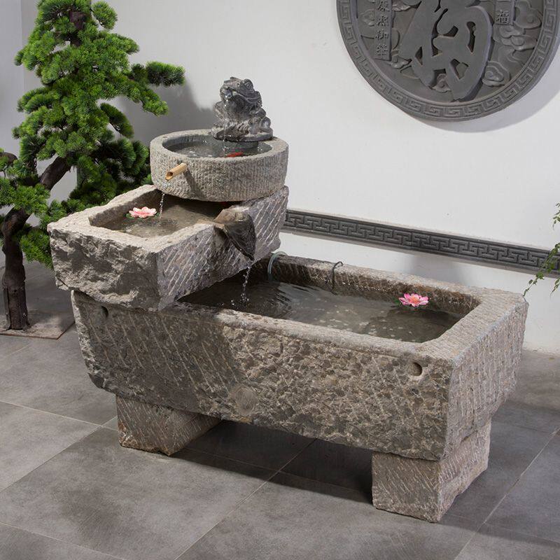 老旧石槽鱼缸鱼池石头石缸养鱼户外庭院石磨青石马槽景观流水摆件