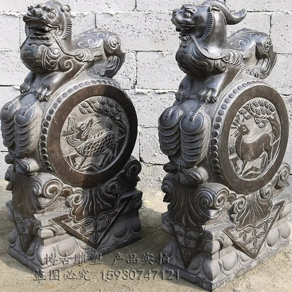 石雕门墩抱鼓石一对家用门口石狮子麒麟貔貅青石仿古做旧石鼓石墩
