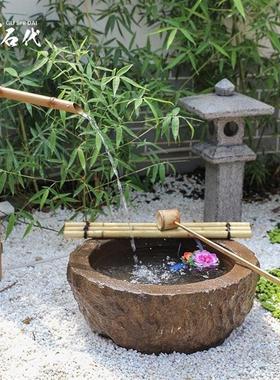 日式庭院水景原石鹅卵石户外石钵蹲锯造景装饰别墅花园惊鹿滴水