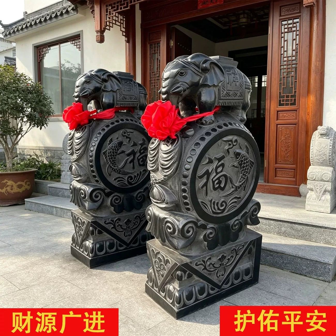 石雕门墩大象抱鼓石一对青石仿古麒麟门鼓家用别墅门口石貔貅摆件